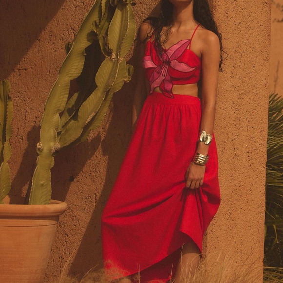 FARM Rio Floral Bodice Linen A-Line Midi Dress - Red M - Picture 5 of 5